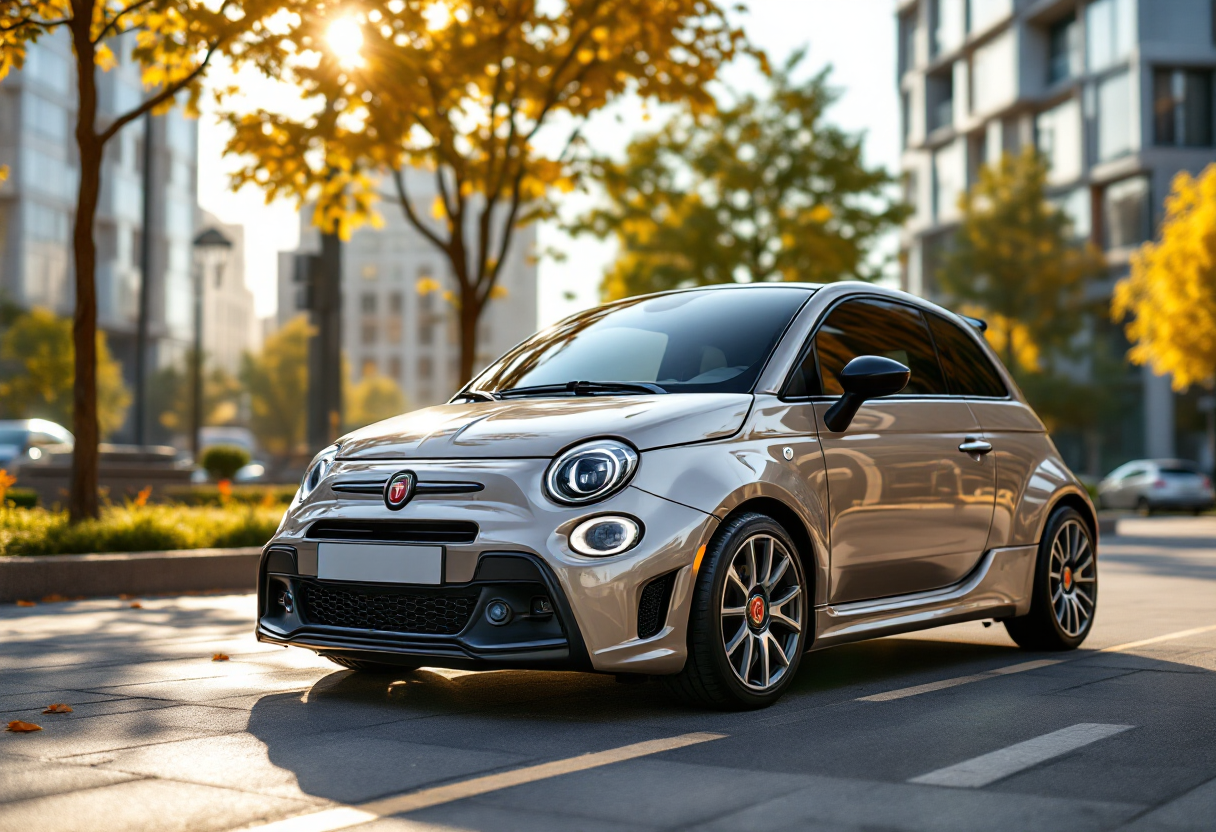 Abarth 600e in un paesaggio urbano moderno