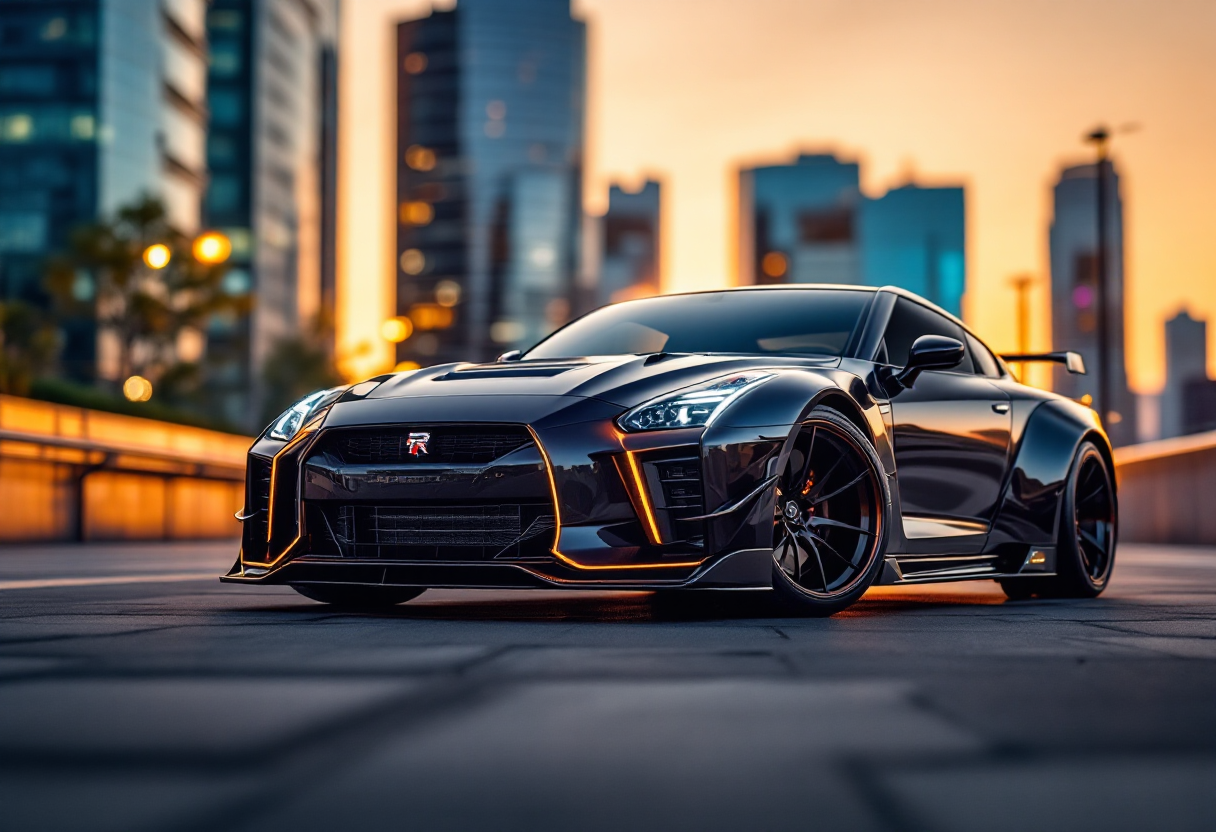 Nissan GT-R R32 elettrica in un paesaggio urbano moderno