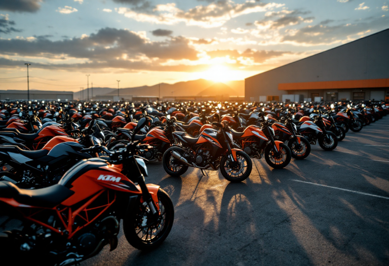Logo KTM con sfondo di moto in crisi