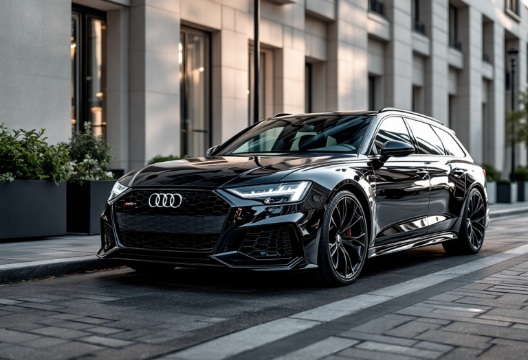 Audi RS 6 Avant in un paesaggio urbano al tramonto