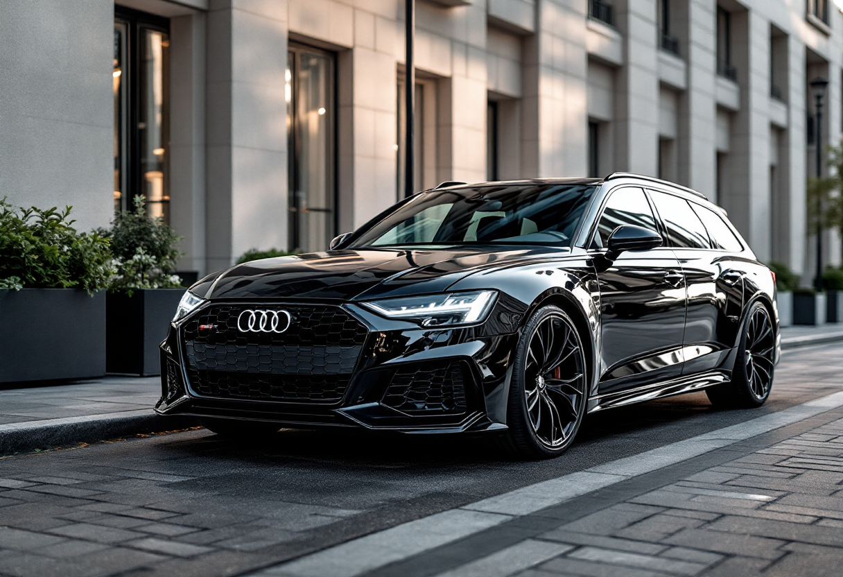 Audi RS 6 Avant in un paesaggio urbano al tramonto