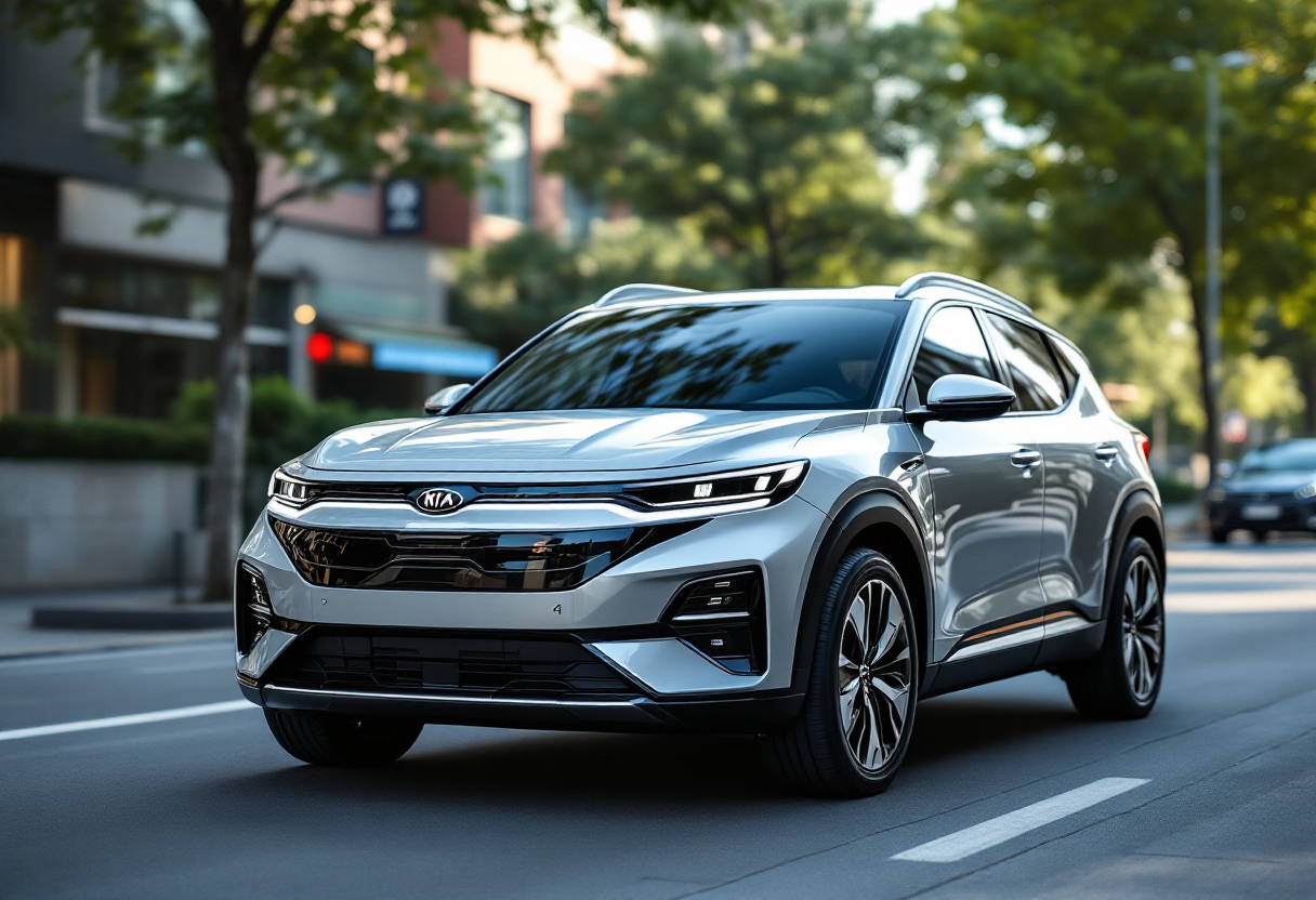 Kia EV4 in un ambiente urbano moderno e sostenibile