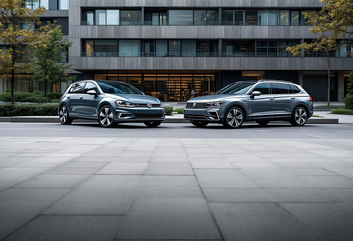 Volkswagen Golf e Tiguan eHybrid in un paesaggio urbano
