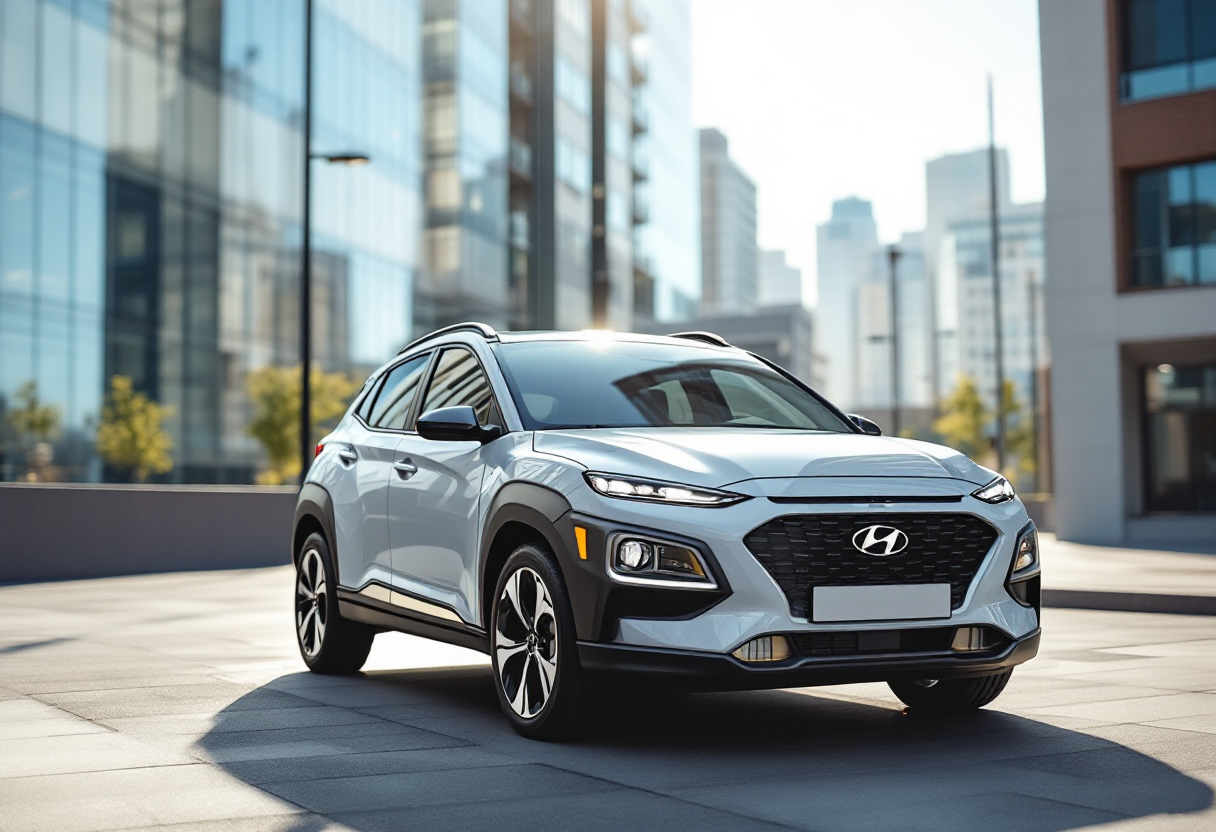 Hyundai Kona 2025 in un ambiente urbano moderno