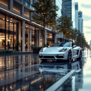Porsche 718 elettrica in un paesaggio urbano moderno