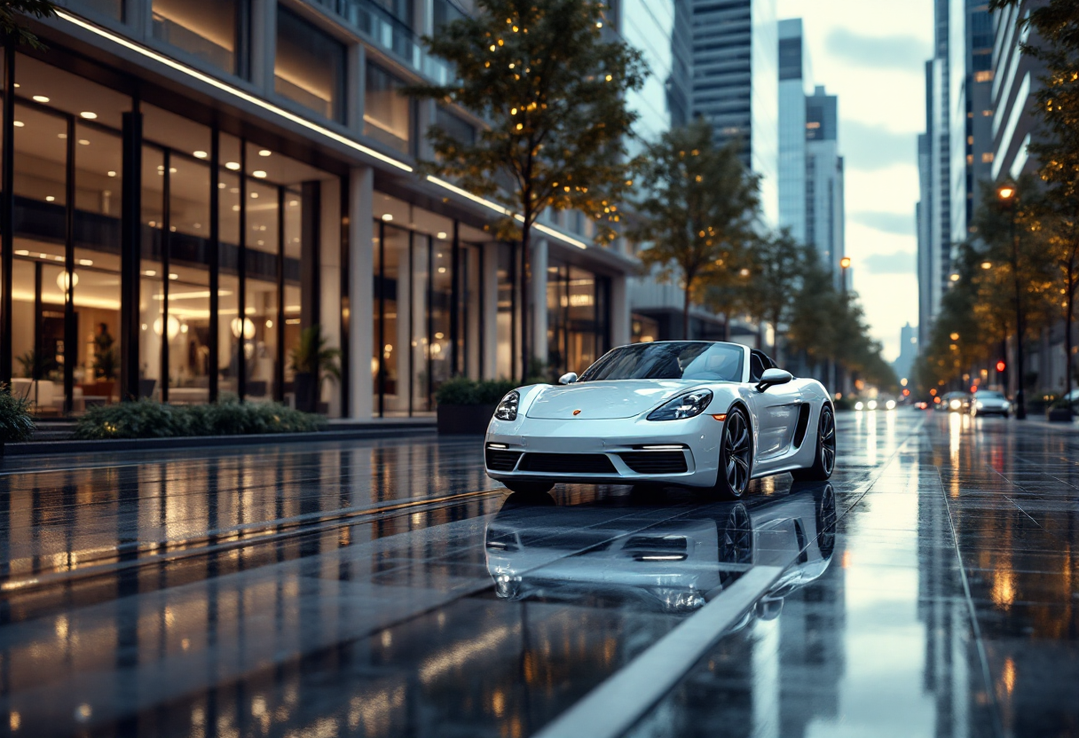 Porsche 718 elettrica in un paesaggio urbano moderno