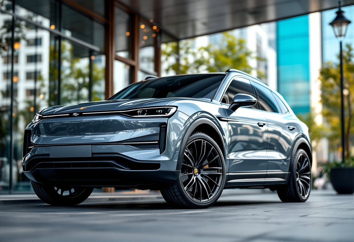 Porsche Cayenne elettrica in un paesaggio urbano moderno