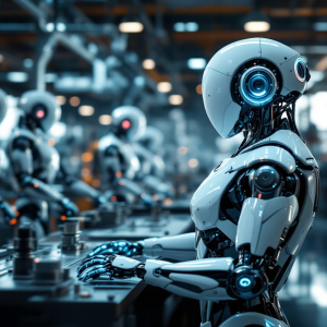 Robot umanoidi che lavorano in una fabbrica moderna