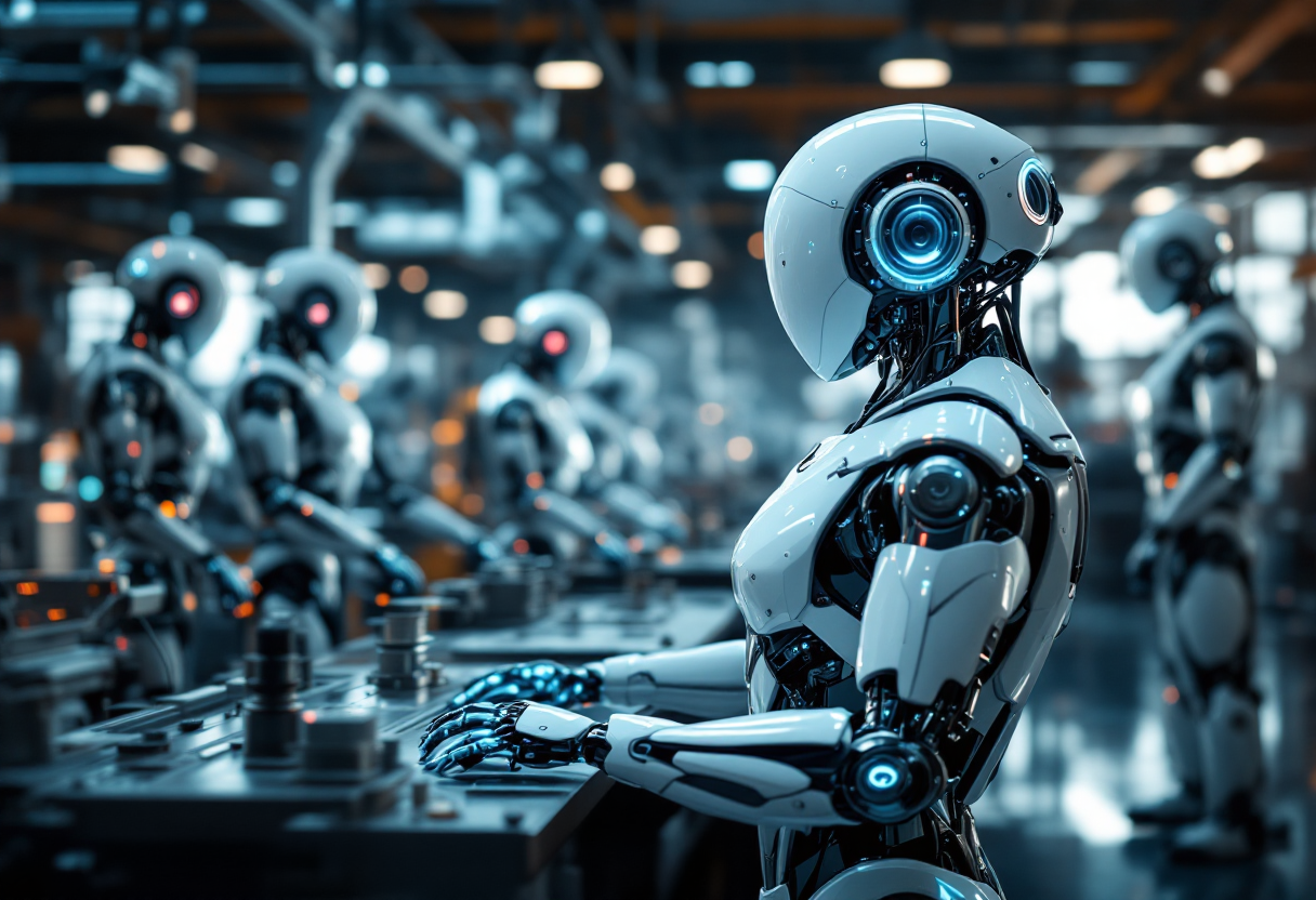 Robot umanoidi che lavorano in una fabbrica moderna