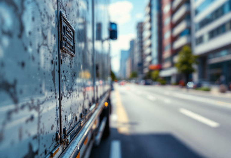 Pedoni e ciclisti in prossimità di un camion