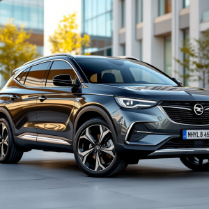 Opel Grandland ibrido in un paesaggio urbano moderno