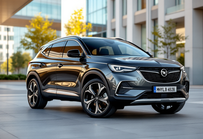 Opel Grandland ibrido in un paesaggio urbano moderno