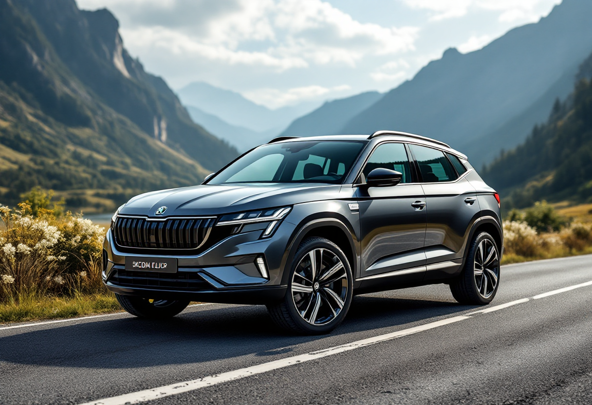 Nuovo SUV elettrico Skoda in un paesaggio avventuroso