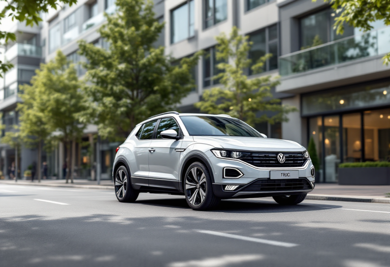 Volkswagen T-Roc in un paesaggio urbano moderno