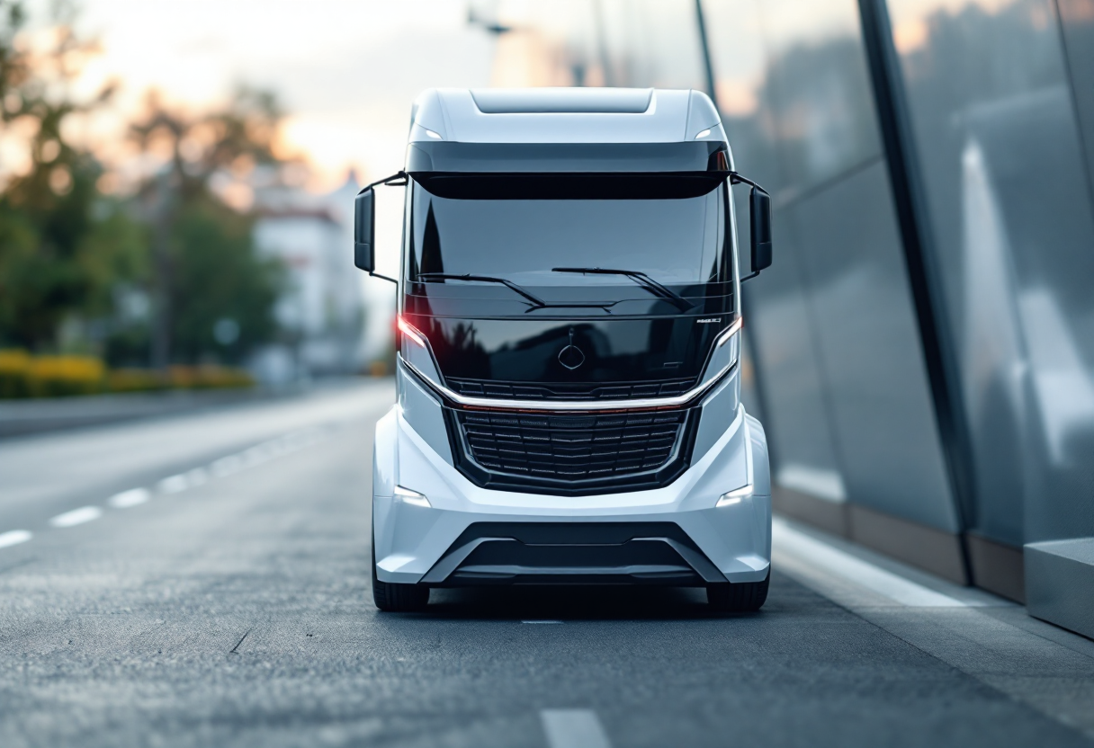 Camion moderno con design aerodinamico in movimento