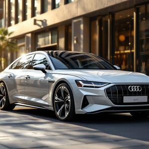 Audi A6 ibrida plug-in 2025 in un paesaggio urbano