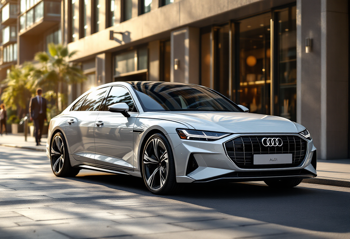 Audi A6 ibrida plug-in 2025 in un paesaggio urbano