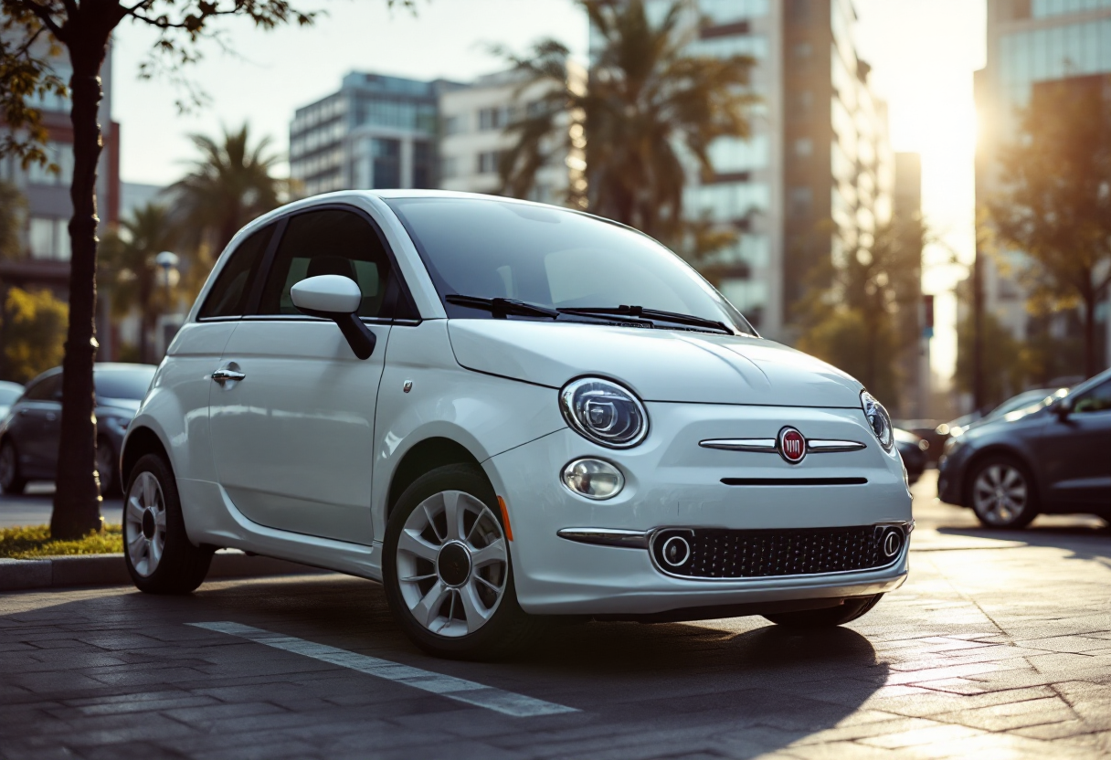 Nuova Fiat 500 ibrida modello 2025 in primo piano