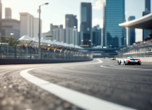 Auto da corsa della Formula E in azione a Tokyo