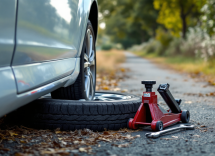 Automobilista che cambia una ruota forata