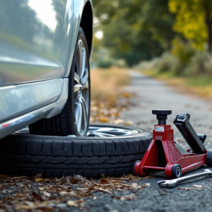 Automobilista che cambia una ruota forata