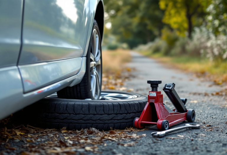 Automobilista che cambia una ruota forata