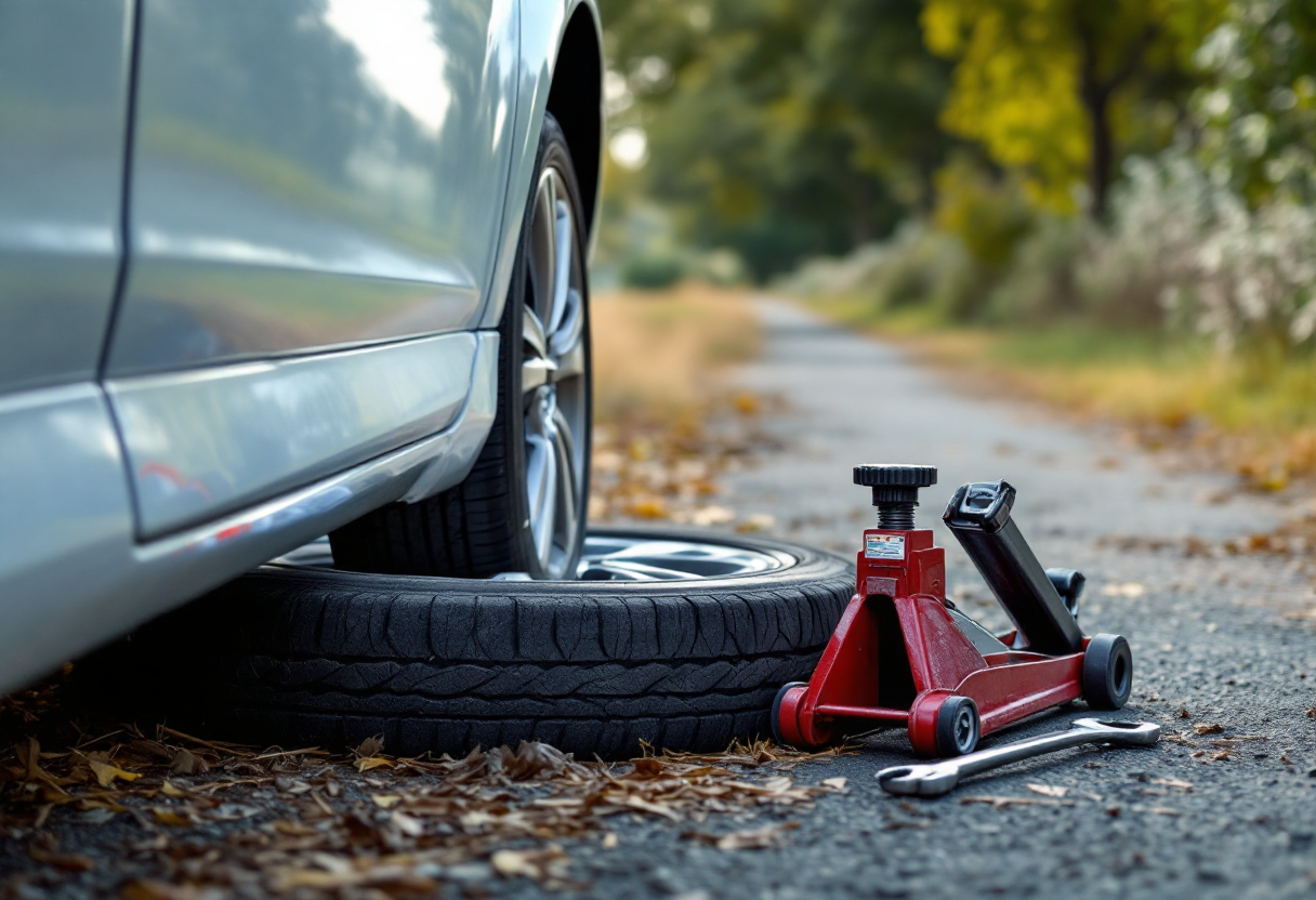 Automobilista che cambia una ruota forata