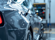 Auto elettrica in fase di lavaggio con prodotti ecologici
