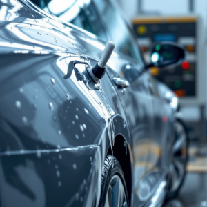 Auto elettrica in fase di lavaggio con prodotti ecologici