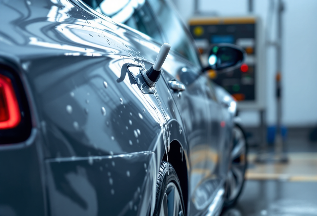 Auto elettrica in fase di lavaggio con prodotti ecologici