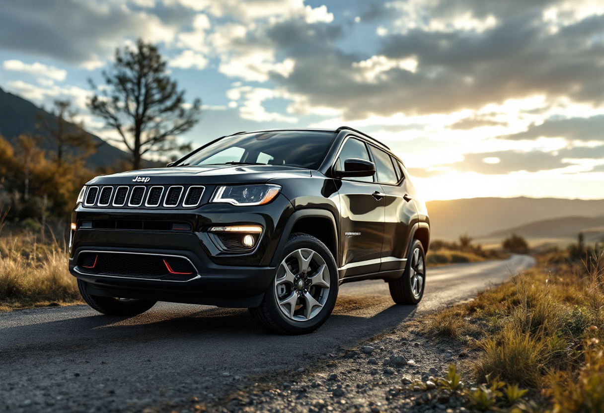 Jeep Compass 2025 in un paesaggio urbano moderno