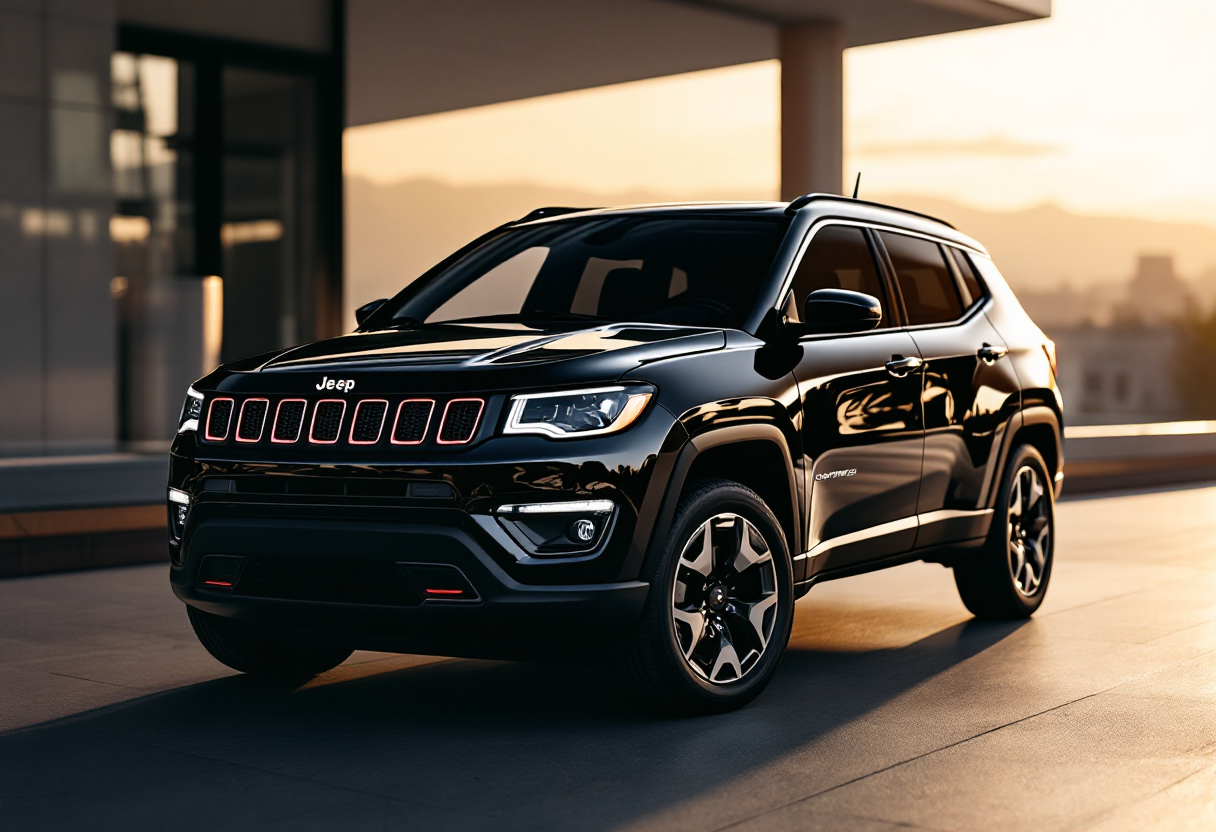 Jeep Compass 2025 in un paesaggio urbano moderno
