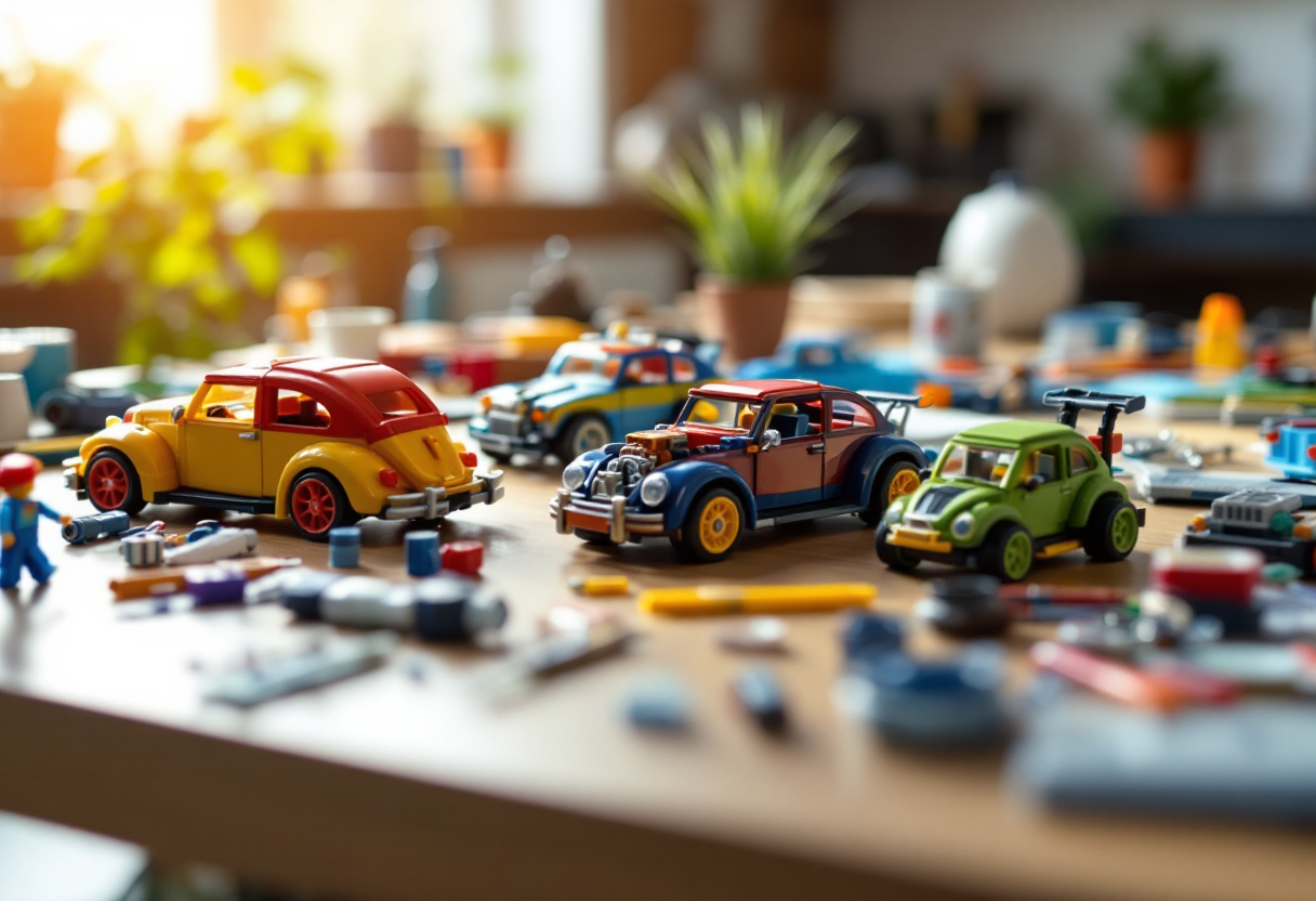 Modellini auto Mattel Brick Shop in esposizione