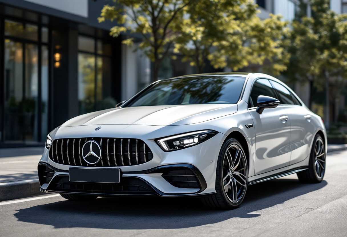 Mercedes CLA 45 AMG EQ in un ambiente urbano moderno