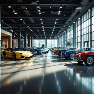 Vista panoramica del Motorworld di Monaco con auto storiche