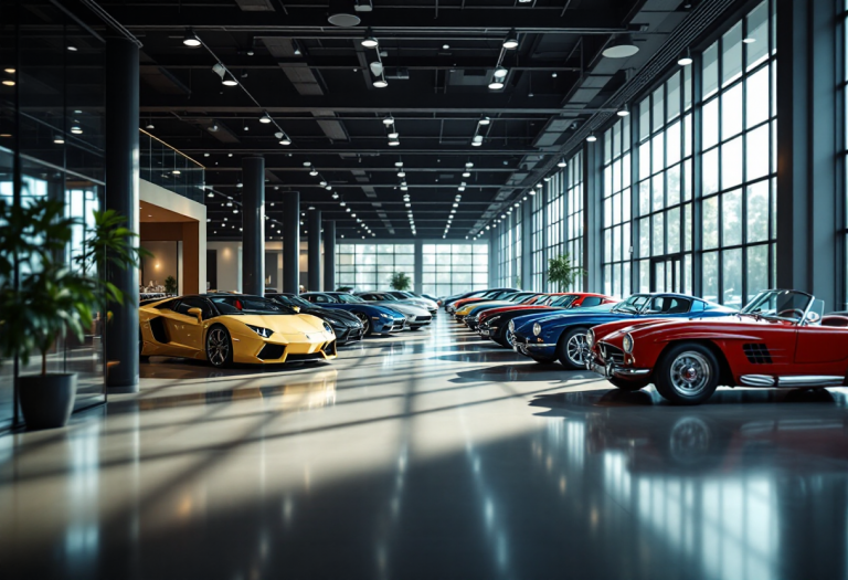 Vista panoramica del Motorworld di Monaco con auto storiche