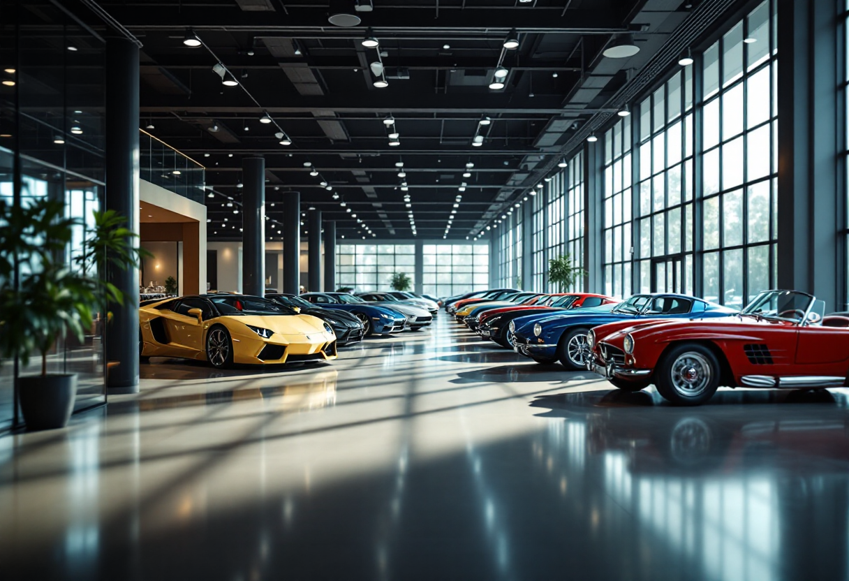 Vista panoramica del Motorworld di Monaco con auto storiche