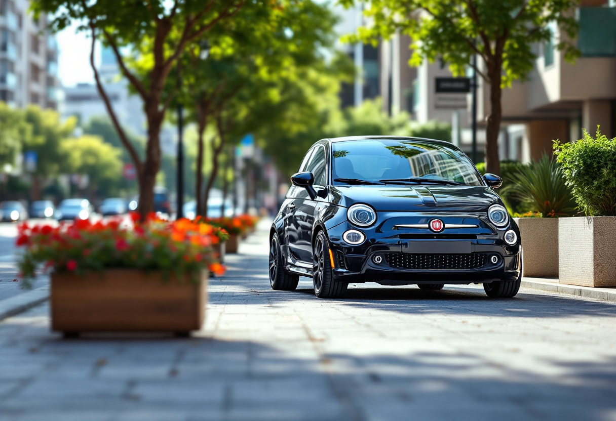 Fiat 500 ibrida in un contesto urbano moderno