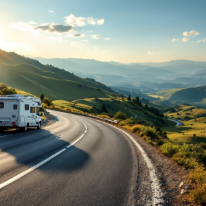 Camper in strada con segnale di patente necessaria