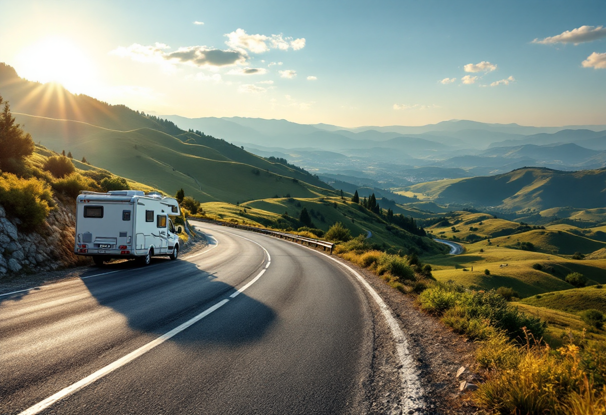 Camper in strada con segnale di patente necessaria