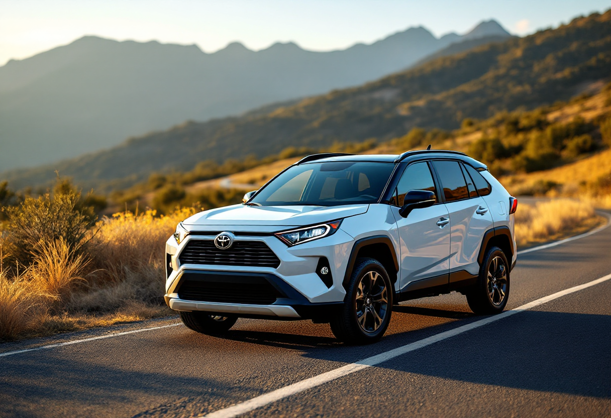 Toyota RAV4 2025 in un paesaggio urbano moderno