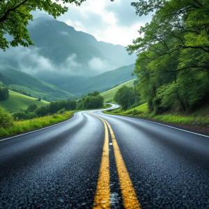 Auto in viaggio su strada con paesaggio divertente