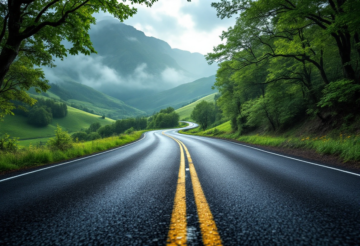 Auto in viaggio su strada con paesaggio divertente
