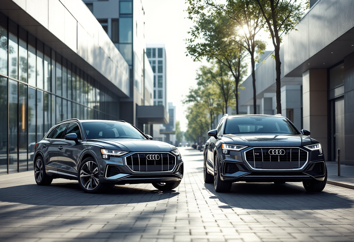 Audi Q5 e-Hybrid e Sportback in un paesaggio urbano