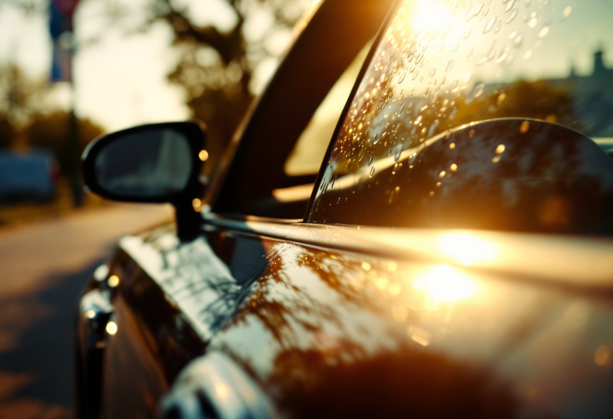Cane in auto con finestrini chiusi sotto il sole