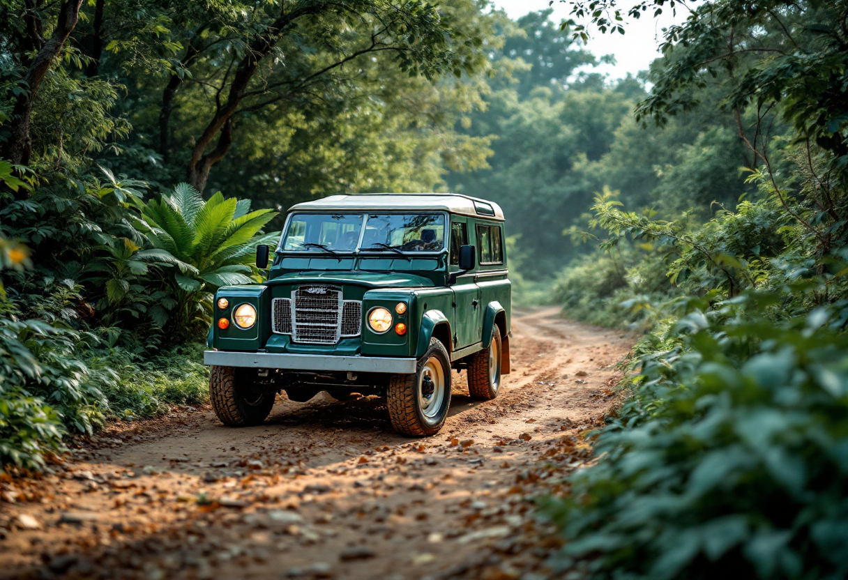 Defender elettrico in un paesaggio urbano moderno