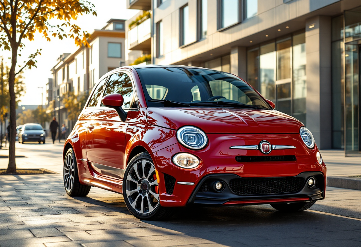 Nuova Fiat 500 ibrida in un ambiente urbano sostenibile