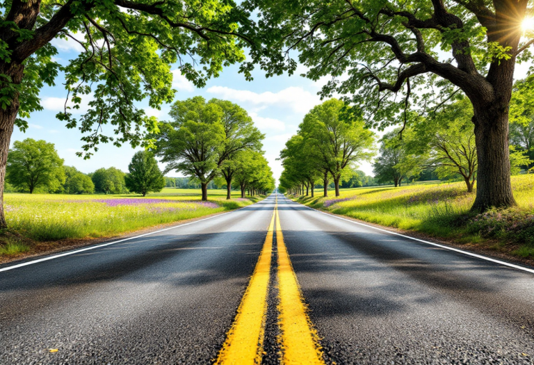 Auto in viaggio estivo con sole e strade affollate