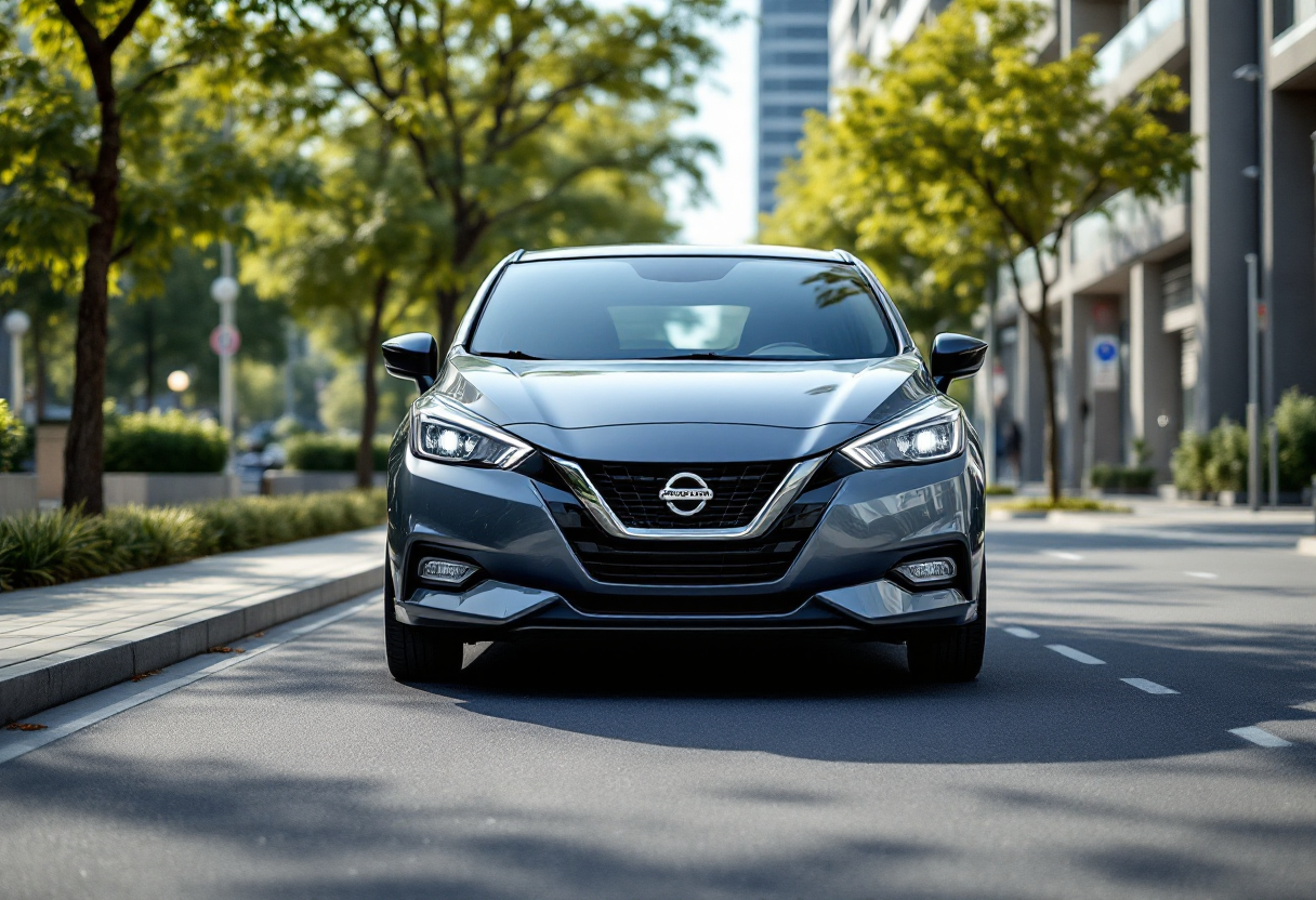 Nuova Nissan Micra elettrica in un paesaggio urbano moderno