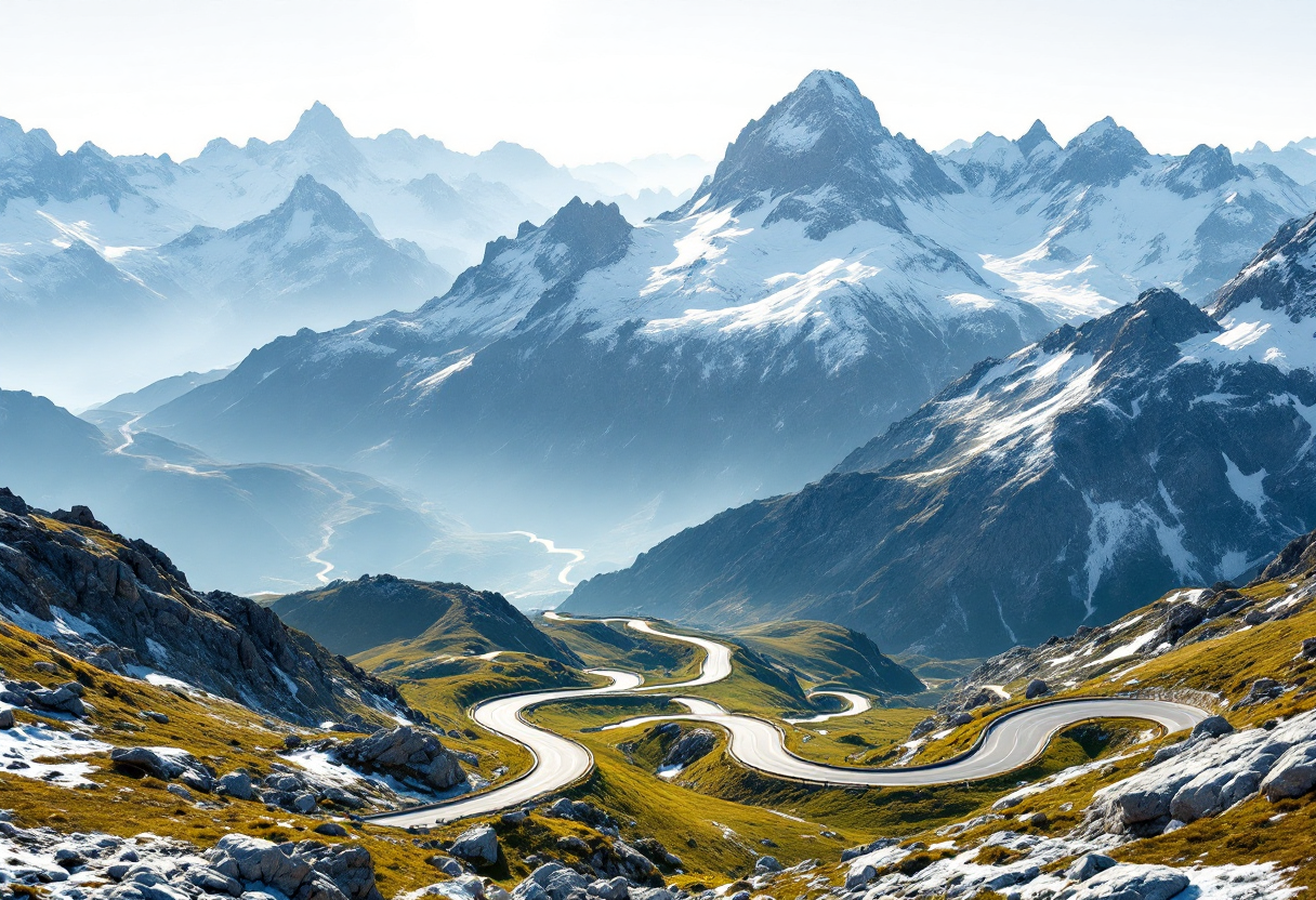 Vista panoramica del Passo dello Stelvio con tornanti